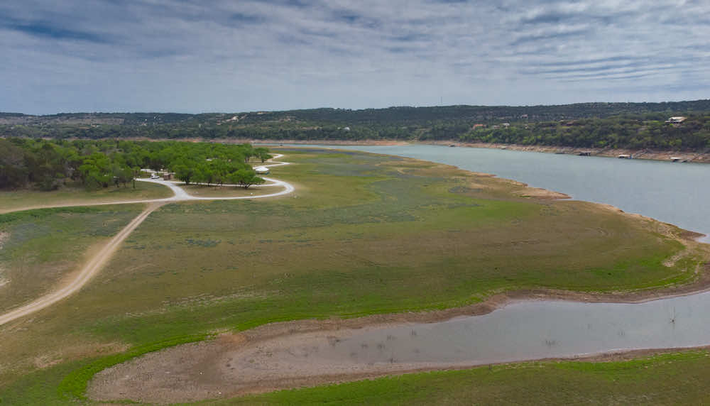 Unmanned view of bluebonnets in Muleshoe Bend LCRA Park near Austin.