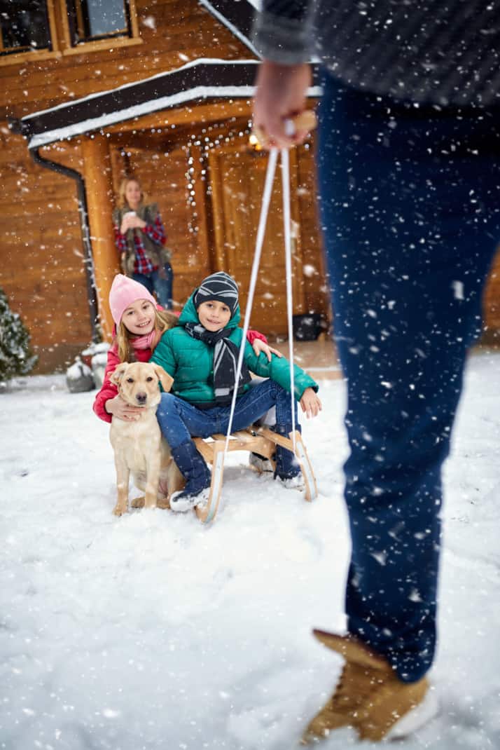 Children dressed for the winter on a sled with a dog pulled by a man