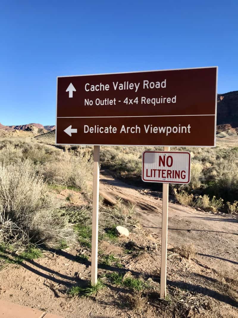 Sign for Cache Valley Road in Arches National Park - Moab, UT